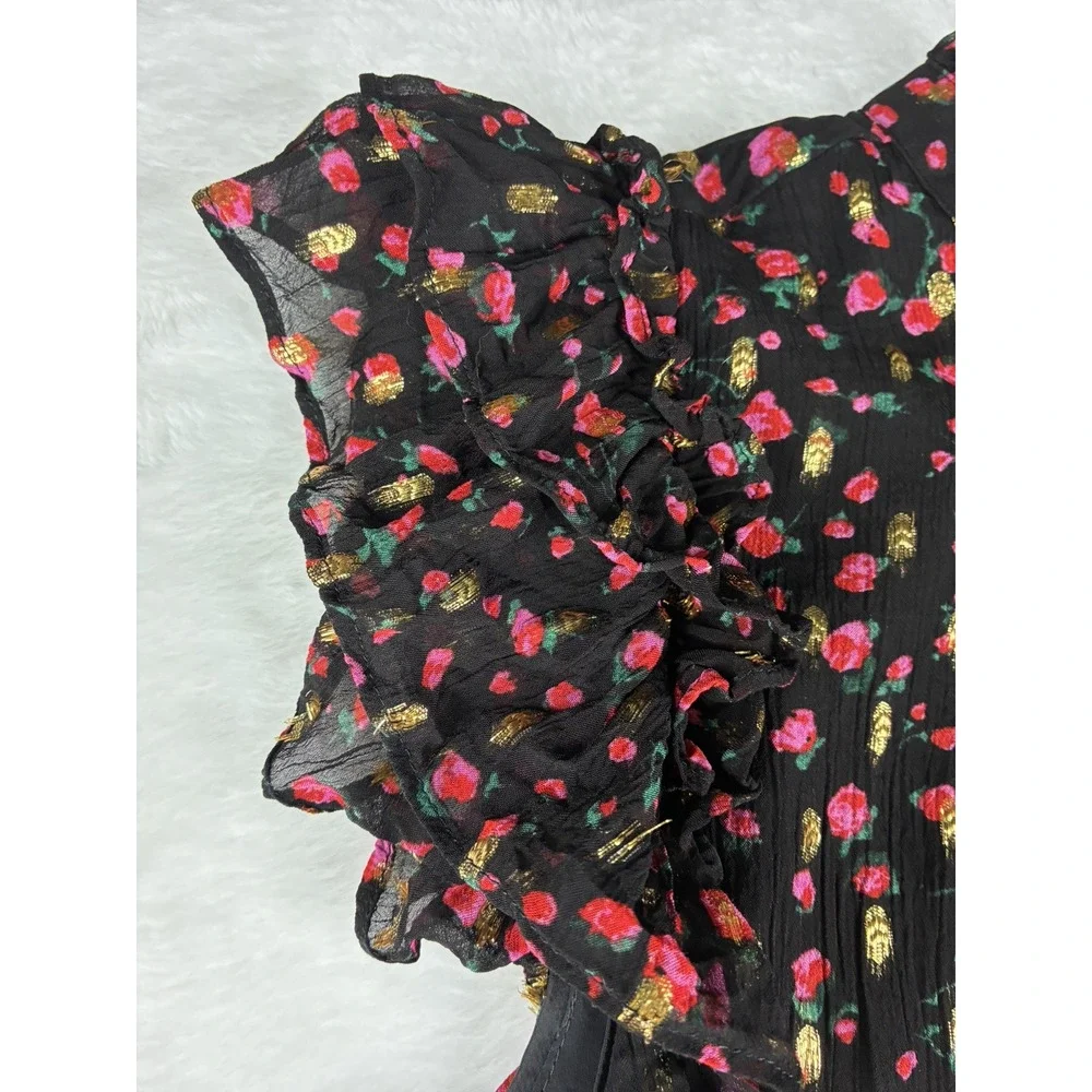 J.Crew Women’s Small Black Floral Metallic Gold Ruffle Sleeve Blouse Feminine